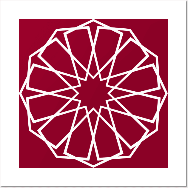 White Islamic Geometric Pattern Stars on Dark Pink Background Wall Art by Tilila